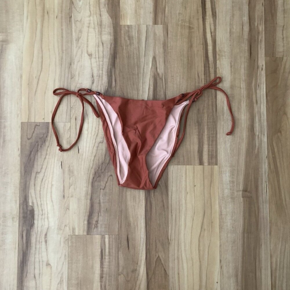 J Crew Swimsuit Womens Medium Bikini Bottom String Cheeky Curved Beads Brick Red